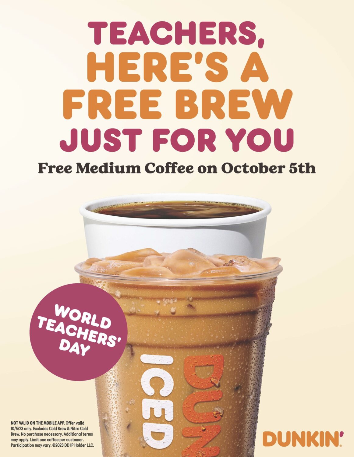 Today! Dunkin' Pours Free Hot or Iced Coffee for Educators on World